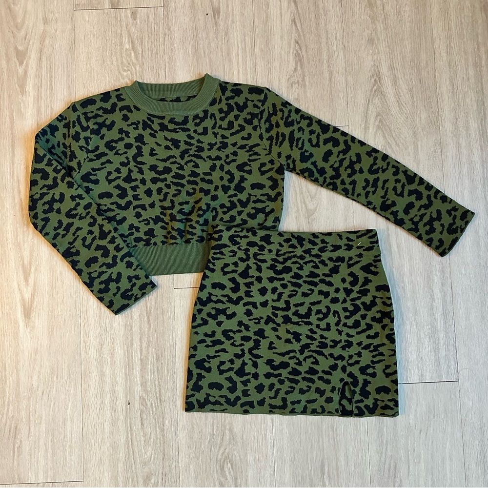 Green and Black Leopard Print Sweater and Skirt Set